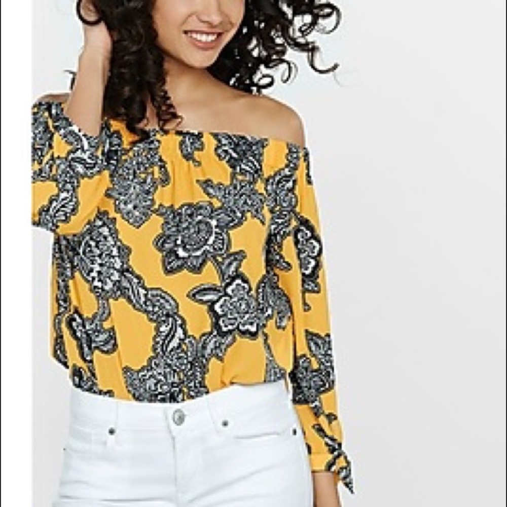 Chain Floral Off the Shoulder Tie Sleeve Blouse